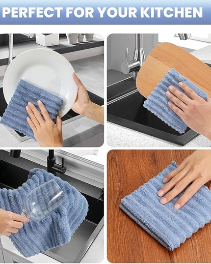 Kitchen Dish Cloths,Super Absorbent Coral Velvet Dish Towels,Quick Drying Kitchen Towels No Lint Dish Rags,Reusable Household Microfiber Cleaning Cloth,12X12 inches (12 Pack,Navy Blue Streak)