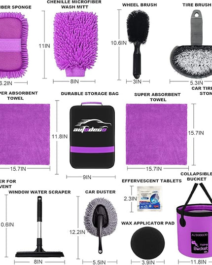 AUTODECO 22Pcs Car Wash Cleaning Tools Kit Car Detailing Set with Canvas Bag Purple Collapsible Bucket Wash Mitt Sponge Towels Tire Brush Window Scraper Duster Complete Interior Car Care Kit