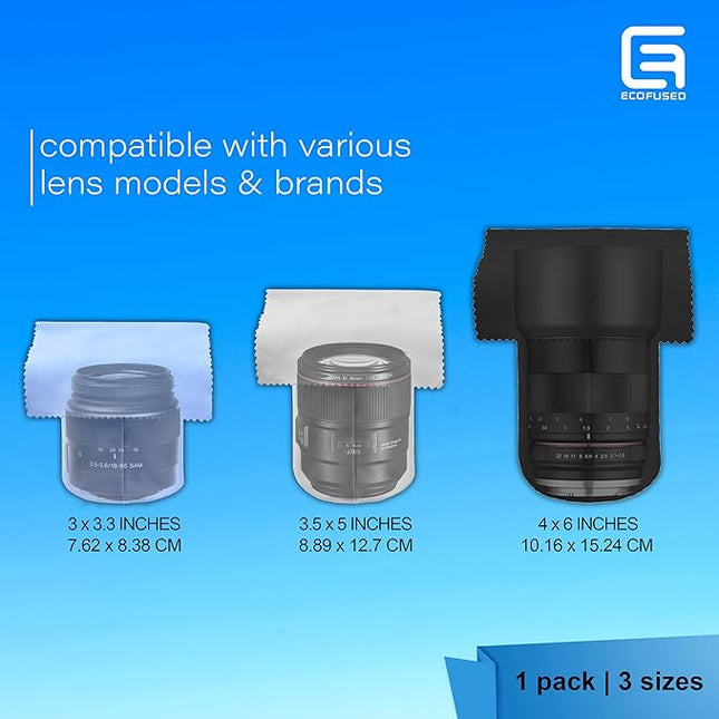 Eco-Fused Camera Lens Pouches - Microfiber Lens Cloth Bag - 4 Pack - Soft Camera Wraps for Multi-Sized Lenses and Accessories - Camera Bag Inserts - Home Travel Photography (Black/Gray/Blue)