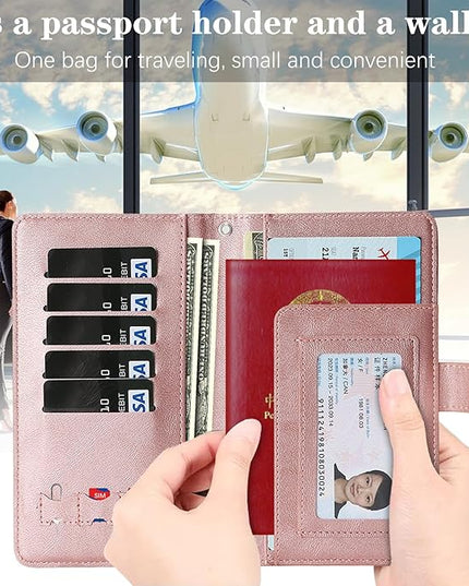 Passport Holder for Travel Essentials, RFID Blocking PU Leather Wallet Cover with Wristlet Strap Magnetic Closure Passport Book Holders Case for Women and Men, Rose Gold