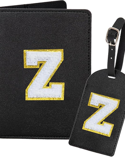 ULICO Initial Passport Cover and Luggage Tag Set,PU Leather Letter Passport Case Holder Travel Suitcase Tag, Personalized Travel Luggage Accessories Gifts for Women Kids Teenage Black Z