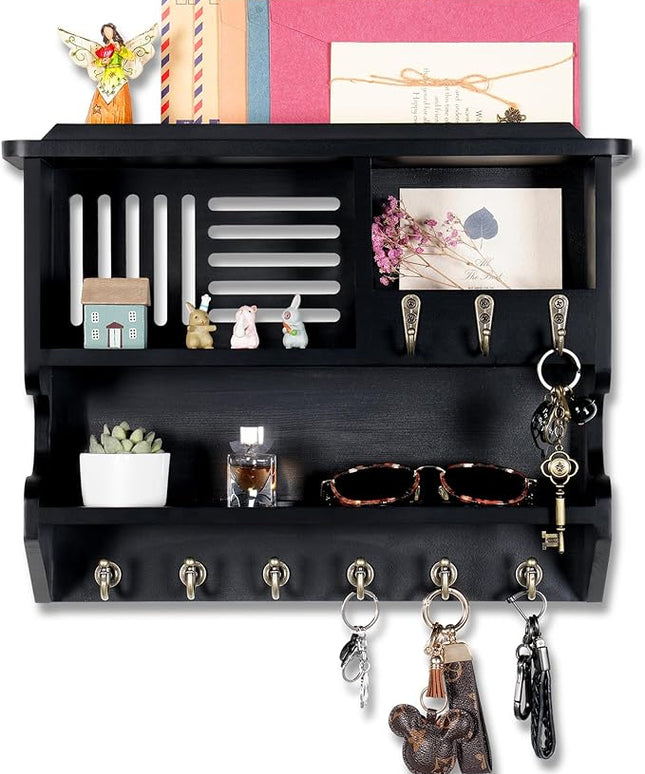 Mutsault Key Holder for Wall, Mail and Key Holder for Home Decor, Key and Mail Holder for Wall with Key Hooks, Black