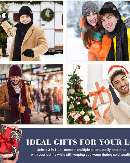 FZ FANTASTIC ZONE Mens Winter Knit Hat Beanie Long Neck Scarf Touchscreen Gloves Set Fleece Skull Caps Gifts for Men Women