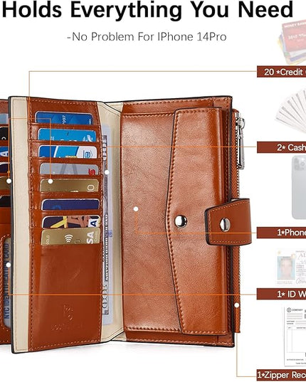 BOSTANTEN Womens Wallet Genuine Leather Wallets Large Capacity Cash Cluth Purses with Zipper Pocket Beige-Brown