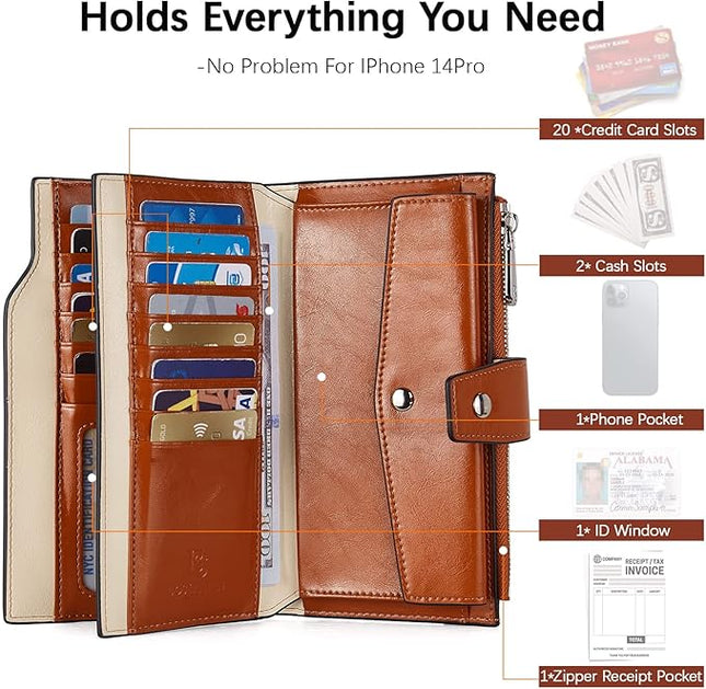 BOSTANTEN Womens Wallet Genuine Leather Wallets Large Capacity Cash Cluth Purses with Zipper Pocket Beige-Brown