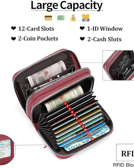 RNIEGA Credit Card Holder Wallet RFID Blocking Leather Small Wallet for Women Double Zipper Wallet with ID Window