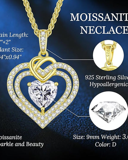 OOBEE Moissanite Heart Necklaces for Women, 1- 4 Carat Moissanite 925 Sterling Silver Gold Plating Fine Women Necklace，Ideal Anniversary Birthday Christmas Valentine Mothers Day Jewelry Gifts for Mom Wife Her Girlfriend
