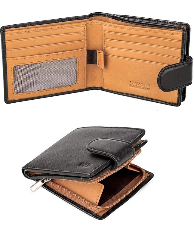 Lavalen Soft Leather Wallet for Men – Genuine Bifold with Zipper Coin Pocket – Holds Bills, Credit Cards, Coins – RFID Blocking Protection – Stylish, Durable & Practical Leather Wallet for Men