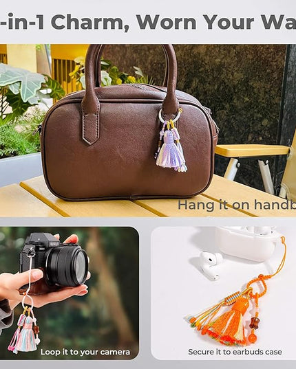 Boho Phone Charm with Tassel, Handmade Macrame Woven Phone Accessory, Cute Aesthetic Crystal & Wood Beaded Pendant Decoration for Cellphone, Bag, Keys