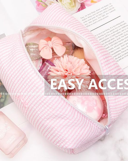Cozy Makeup Bag Travel Cosmetic Bag for Women Soft Toiletry Bag Aesthetic Makeup Organizer Portable Large Zipper Pouch for Skincare Beauty Accessories Brushes Stripe Pink