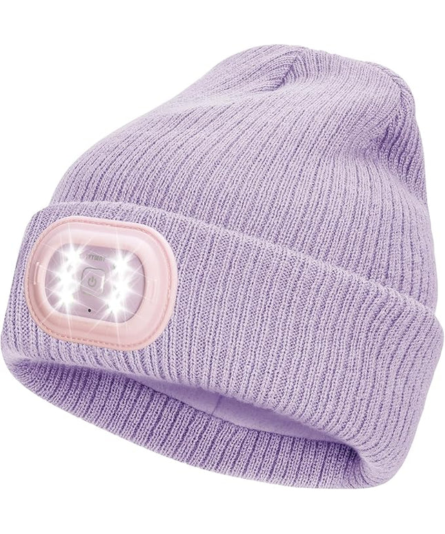 IVYWNT Unisex LED Beanie with Light, USB Rechargeable Headlamp Winter Knitted Hat, Valentine's Day Gift for Men Women, Purple
