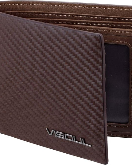 VISOUL Mens Carbon Fiber Leather Bifold Wallet with 2 ID Windows, RFID Blocking Stylish Wallet for Men with 2 Cash Compartments (Brown+Brown)