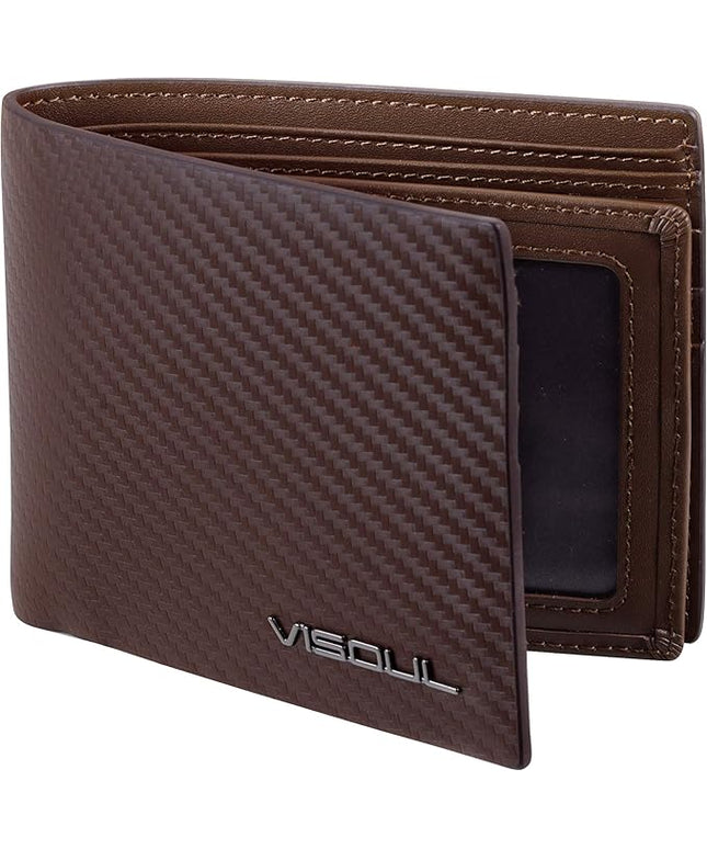 VISOUL Mens Carbon Fiber Leather Bifold Wallet with 2 ID Windows, RFID Blocking Stylish Wallet for Men with 2 Cash Compartments (Brown+Brown)