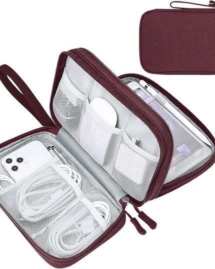 FYY Electronic Organizer, Large Travel Cable Organizer Bag Pouch Electronic Accessories Carry Case Portable Waterproof Double Layers All-in-One Storage Bag for Cable, Cord, Charger, Phone, Wine Red