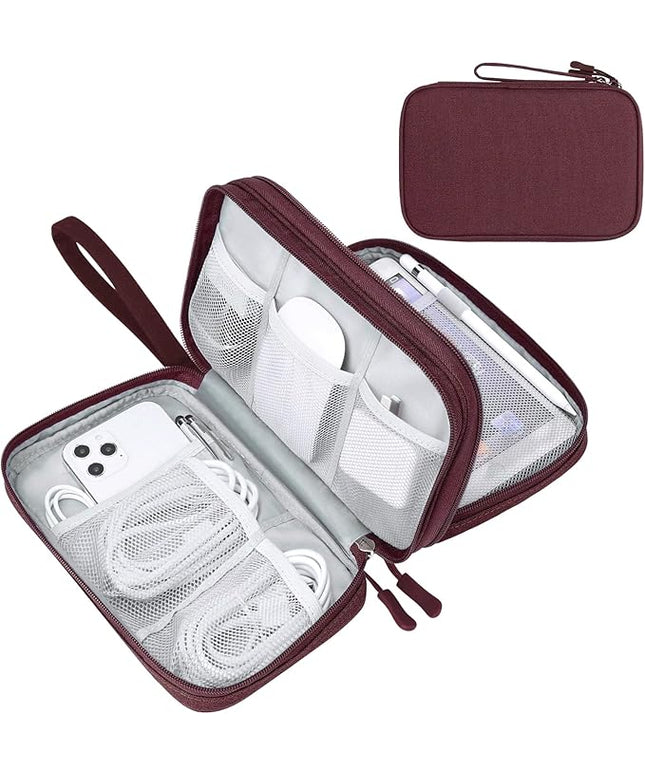 FYY Electronic Organizer, Large Travel Cable Organizer Bag Pouch Electronic Accessories Carry Case Portable Waterproof Double Layers All-in-One Storage Bag for Cable, Cord, Charger, Phone, Wine Red