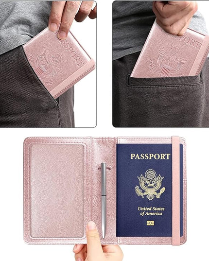 ACdream Passport and Vaccine Card Holder Combo, Cover Case with CDC Vaccination Card Slot, Leather Travel Documents Organizer Protector, with RFID Blocking, for Women and Men, AA-Rose Gold, Compact