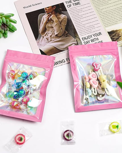 Funfery 300 Pack Smell Proof Resealable Bags for Food Storage,Holographic Bags 4x6 Pink Mylar Clear Packaging Bag- Scent Proof for Cookies, Zip Foil Pouch for Small Business
