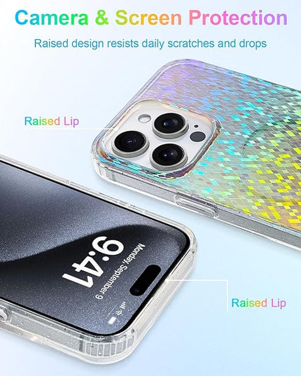 Glitter Case for iPhone 15 Pro Max Case for Women Girls [Compatible with Magsafe] Clear Cute Girly Aesthetic Colorful Iridescent Rainbow Sparkly Sparkle Bling Magnetic Protective Phone Cover