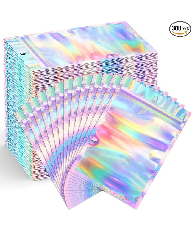 Funfery 300 Pack Smell Proof Resealable Bags for Food Storage,Holographic Bags 4x6 Mylar Clear Packaging Bag- Scent Proof for Cookies, Zip Foil Pouch for Small Business