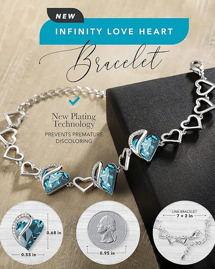 Leafael Infinity Love Heart Link Bracelets, Birthstone or Healing Stone Crystal Bracelet for Women, Silver Tone Jewelry Gifts for Her, 7-inch Chain and 2-inch Extender