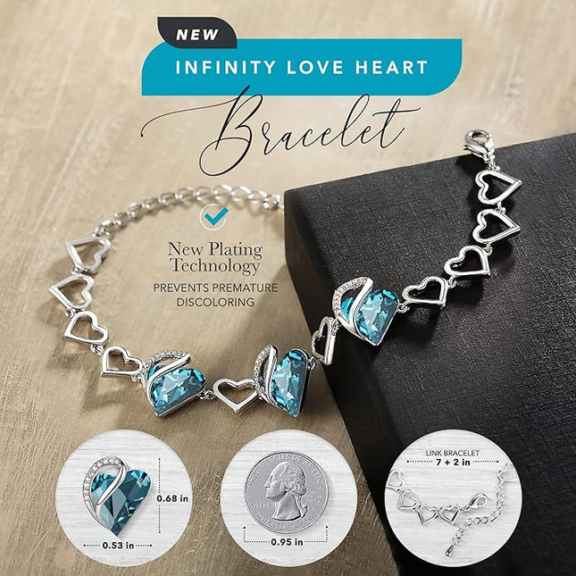 Leafael Infinity Love Heart Link Bracelets, Birthstone or Healing Stone Crystal Bracelet for Women, Silver Tone Jewelry Gifts for Her, 7-inch Chain and 2-inch Extender
