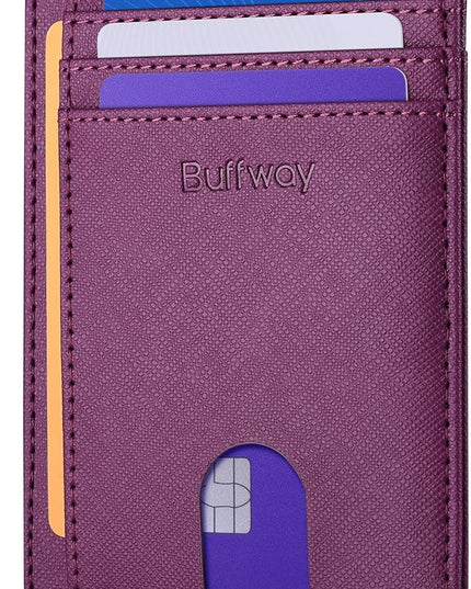 Buffway Slim Minimalist Front Pocket RFID Blocking Leather Wallets for Men and Women - Cross Purple