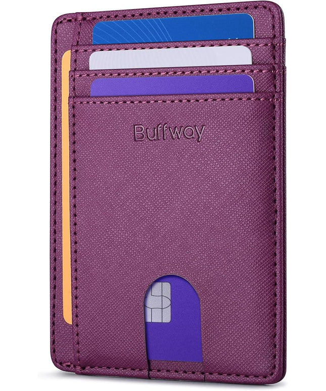 Buffway Slim Minimalist Front Pocket RFID Blocking Leather Wallets for Men and Women - Cross Purple