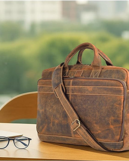 Vintage Leather Messenger Bag for Men, 16” Laptop Satchel with Adjustable Shoulder Strap, Briefcase Office Work & Travel Bag