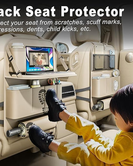 Car Seat Organizers,Multi-functional Back Seat Protectors, Storage Pouches, Child kicking prevention and Tray Holders (for Cars, Kids, Seat Back and Rear Seats) (Beige, 2 Pcs)