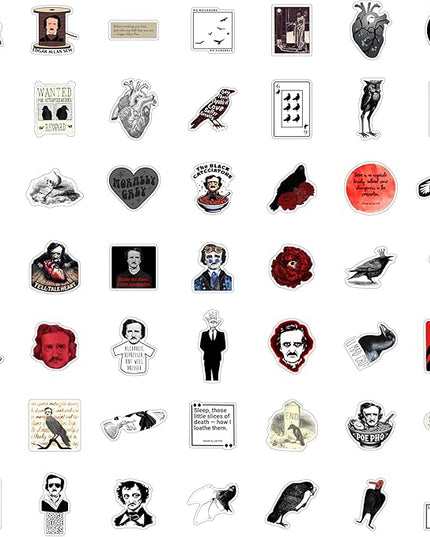 BulbaCraft 100Pcs Edgar Allan Poe Stickers for Water Bottle and Laptop - Edgar Allan Poe Party Supplies & Decorations, Waterproof Vinyl Decals, Literature and Gothic Stickers, Gifts for Women & Men