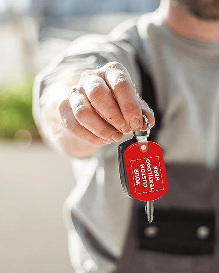 DISCOUNT PROMOS Tag Soft Plastic Keychains - 10 pack - Customizable Text, Logo - Small Key Tag Chain For Staying Organized - Rubber Key Ring Keychain – Red