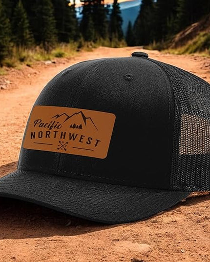 Pacific Northwest Baseball Snapback Trucker Hats with Leather Patch for Men and Women PNW Gifts Outdoor Camping Hiking Cap