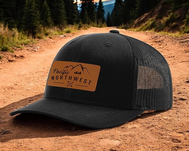 Pacific Northwest Baseball Snapback Trucker Hats with Leather Patch for Men and Women PNW Gifts Outdoor Camping Hiking Cap