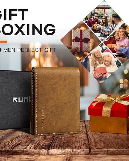 RUNBOX Wallet for Men Slim Leather Bifold RFID Blocking Minimalist Front Pocket Design with Gift Box