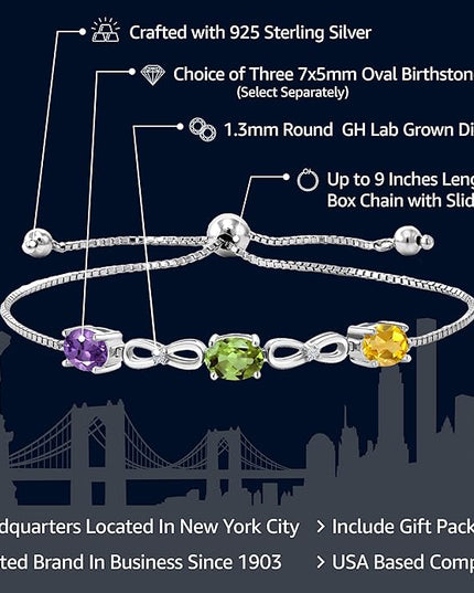 Gem Stone King 925 Sterling Silver Customized and Personalized 3 Gemstone Birthstone and White Lab Grown Diamond Tennis Infinity Bracelet For Women (2.27 Cttw, Adjustable up to 9 Inches)