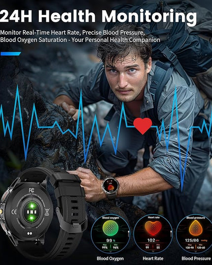 LIGE Military Smart Watch for Men iPhone Android 1.43" HD Amoled Rugged 120+ Sport Modes IP68 Waterproof Answer/Make Call Fitness Running Heart Rate Blood Pressure Health Mens Smartwatch EF6-E