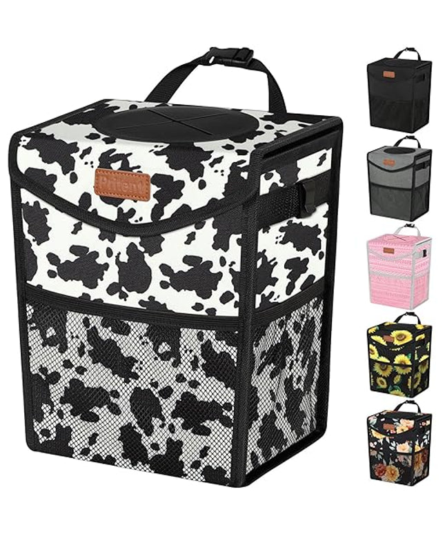 Car Trash Can with Lid, Cute Leakproof Car Trash Garbage Bag Hanging Vehicle Trash Bin Small Portable Automotive Garbage Cans Organizer for Back/Front Seat/Console(2.8 Gallons,Cow Print)