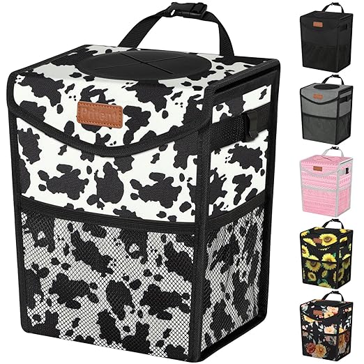 Car Trash Can with Lid, Cute Leakproof Car Trash Garbage Bag Hanging Vehicle Trash Bin Small Portable Automotive Garbage Cans Organizer for Back/Front Seat/Console(Trapezoid,Cow Print)