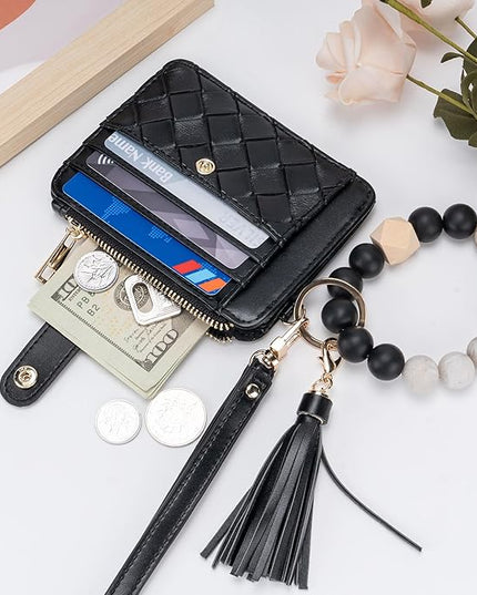 Keychain Wallet with Bracelet RFID Blocking Wristlet Credit Purse Card Holder, Silicone Bead Tassel Key Ring for Women
