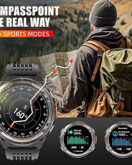 KE5 Military Smart Watch for Men with Flashlight SOS 3ATM Waterproof Watch 530mAh Big Battery 1.45" Rugged Tactical Smartwatch with Compass Elevation Barometer Fitness Watch for iPhone (Grey+2 Camo)