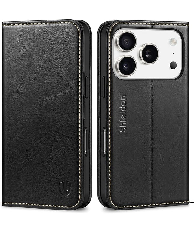 SHIELDON Case for iPhone 17 Pro 6.3-inch 2025 | Genuine Leather | Wallet Design | Flip Magnetic | Kickstand | RFID Blocking Card Holder | Shock Absorption Phone Cover for Women Men | Retro Black