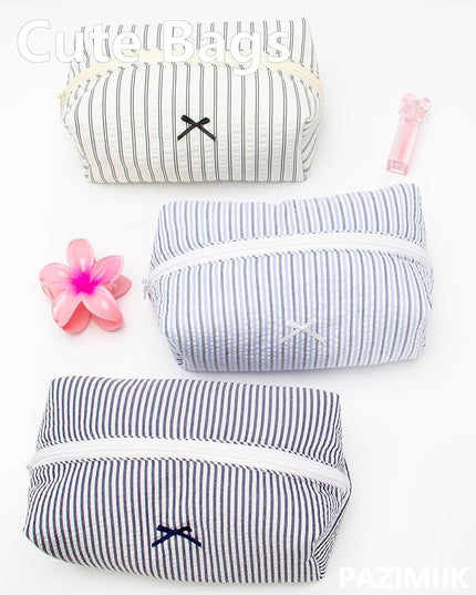 PAZIMIIK Cozy Makeup Bag Small Aesthetic Travel Zipper Cosmetic Pouch for Women Make Up Beauty Accessories Brushes, Stripe Blue Mix