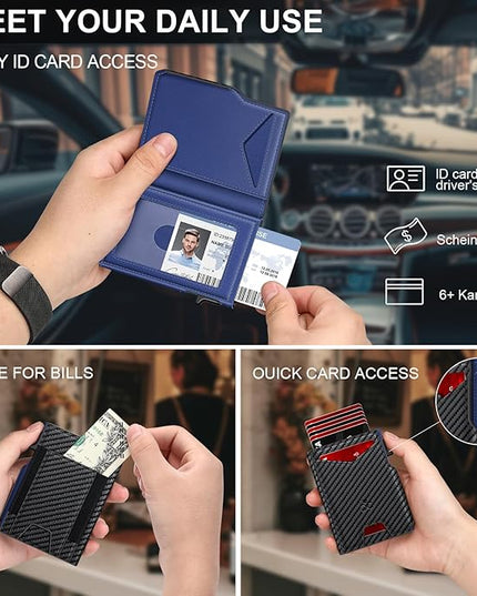 Wallet for Men Wallet with Slim Pop Up Card Holder 9-13 Cards, Bifold Minimalist Smart Wallet RFID Blocking Credit Card Holder with ID Window & Stretchable Cash Slot Compact Metal Aluminum Card Case