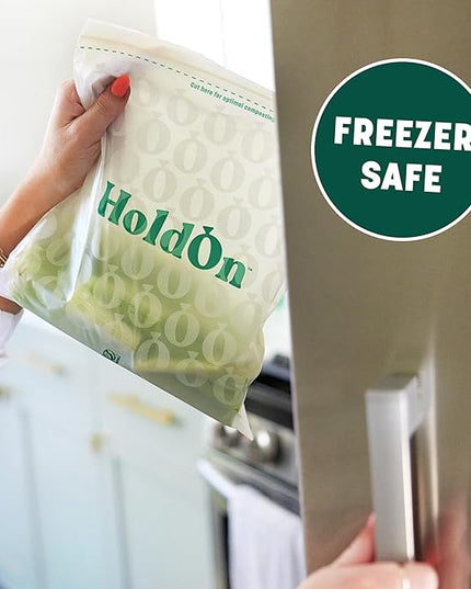 HoldOn Zipseal Gallon Bags - Compostable, PFOA-Free, BPA-Free, Food-Safe Zip Seal Food Storage Bags/Freezer-Safe Gallon Bags With Secure Seal for Home & Travel (25 bags total)
