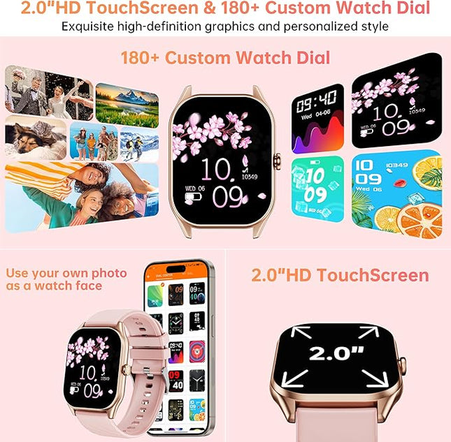 Smart Watches for Women Men , 2.0" HD Touchscreen Fitness Tracker, Bluetooth Calls/Notifications, IP68 Waterproof, 100+ Sport Modes Fitness Watch, Heart Rate Sleep Monitor Smartwatch for Android iOS