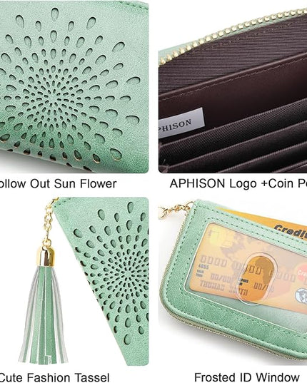 APHISON RFID Credit Card Holder Zipper Card Case Small Wallets for Women Leather Sunflower Style Ladies Girls Credit Card Case 1-Zip Peppermint Mambo Green