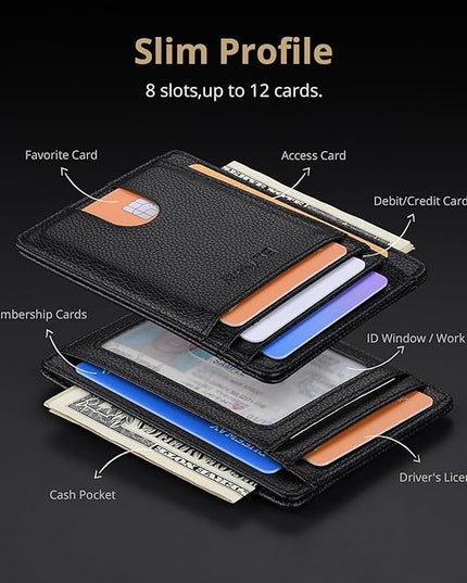 Buffway Slim Minimalist Front Pocket RFID Blocking Leather Wallets for Men and Women - Lichee Black