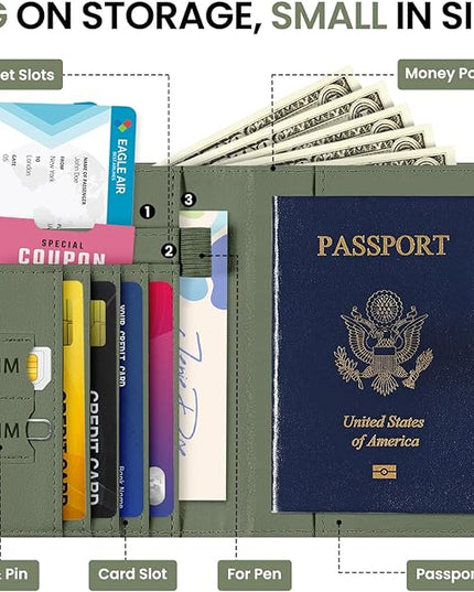 Passport Holder for Travel Essentials, RFID Blocking Leather Cover Wallet with Magnetic Closure, Aesthetic & Cute Passport Book Case for Women and Men - Green
