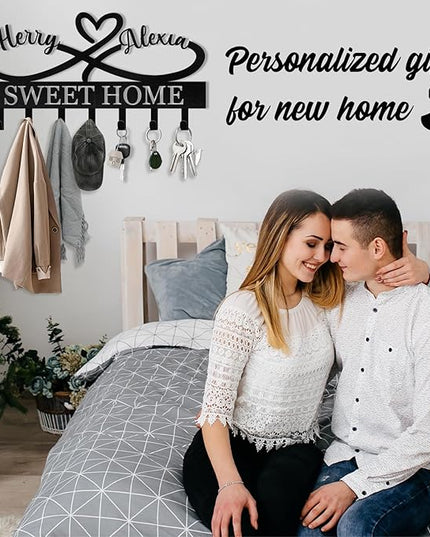 KAINSY Personalized Key Holder for Wall, Custom Key Rack Coat Rack with Couple's Name, Metal Key Holder Wall Mount, Key Hooks Wall Hanging for Bedroom Hallway Home Decor, Wedding Housewarming Gifts