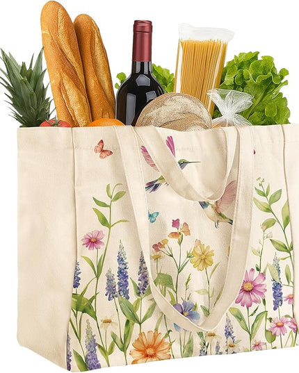 Large Canvas Grocery Tote Bag - Reusable Extra Large Shopping Shoulder Bags with 6 Inner Pockets & 2 Handle Strap